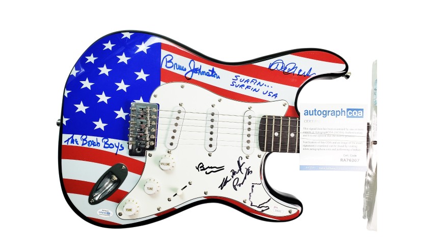 The Beach Boys Hand Signed Flag Guitar with Hand-Written Lyrics