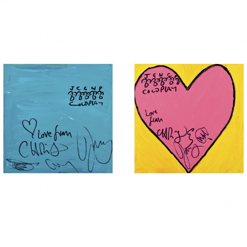 “Blue Square, Pink Heart”  Signed by Coldplay