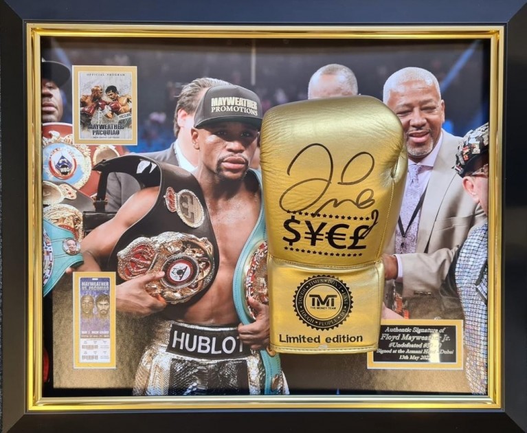 Guantone da boxe oro incorniciato autografato da Floyd Mayweather 