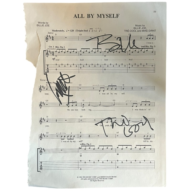 Green Day Signed 'All By Myself' Sheet Music