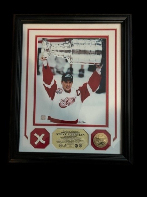 Steve Yzerman Signed and Framed 2002 Stanley Cup Champions Medallion