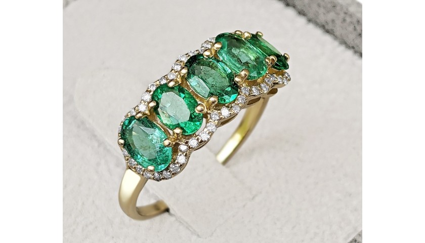 1.79 Carat Half Eternity Natural Emerald And Diamonds 14K Gold Ring
