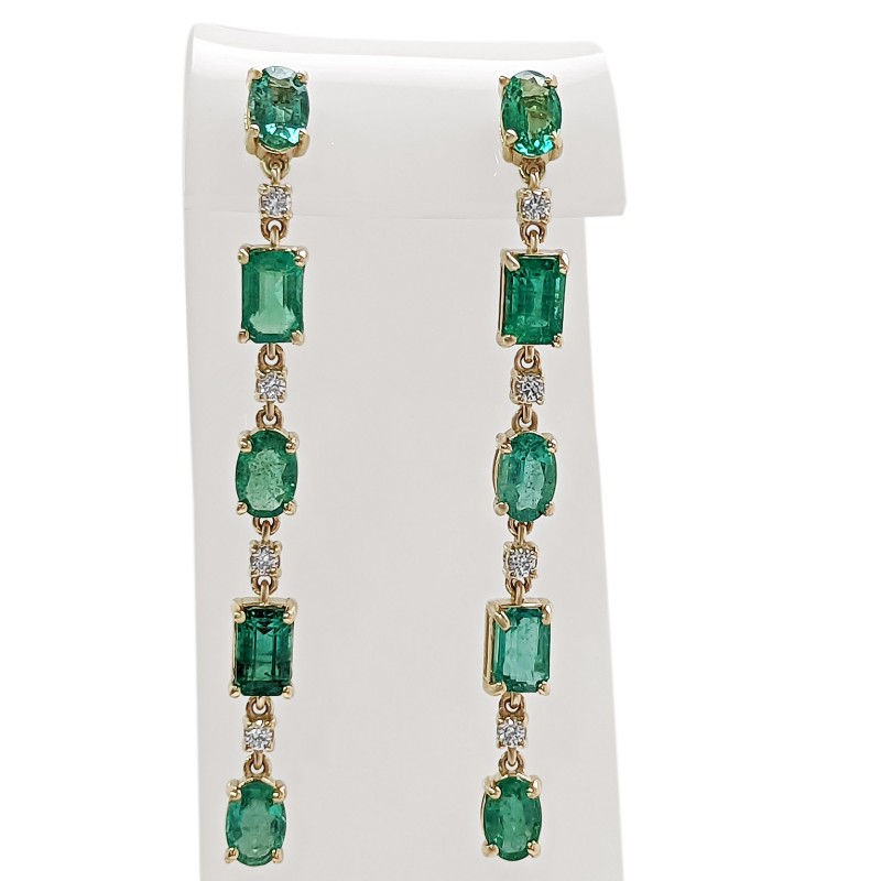 5.10 Carat Long Emerald and Diamond 14K Yellow Gold Earrings