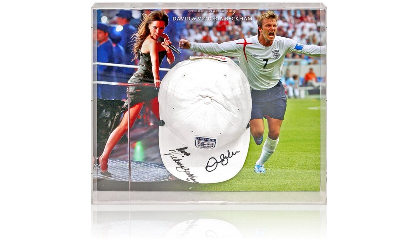 Victoria and David Beckham Signed England Baseball Cap in Display Case