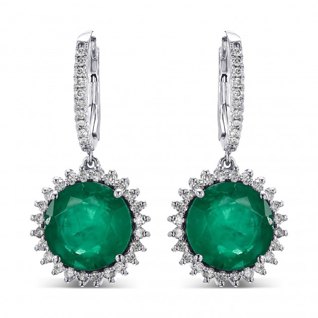 10.99 Carat Emerald and 0.75 Ct Diamonds 18K White Gold Earrings