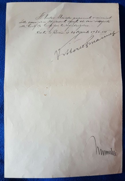 Original Vittorio Emanuele III + Benito Mussolini signed Decree dated 1936