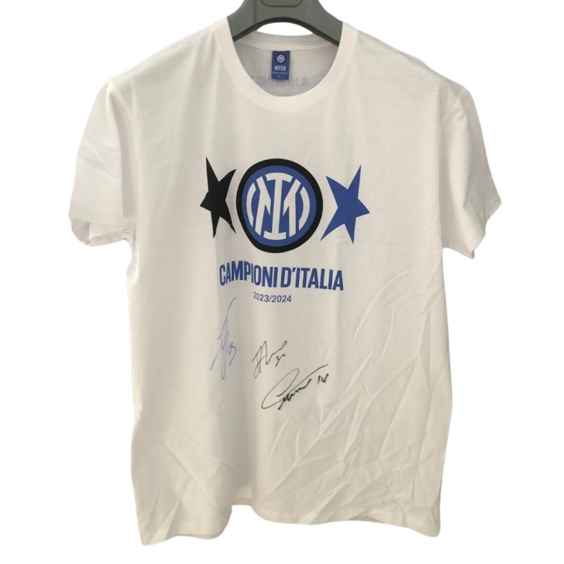 Official Inter Milan Scudetto T-Shirt, 2023/24 - Signed by Lautaro, Thuram e Dimarco