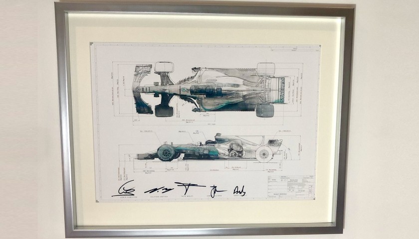Lewis Hamilton and Mercedes Team Signed Technical Drawing