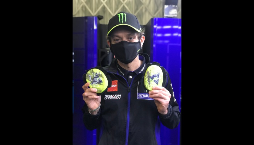 Signed Valentino Rossi Knee Sliders from His Podium Finish at the Andalucía Grand Prix