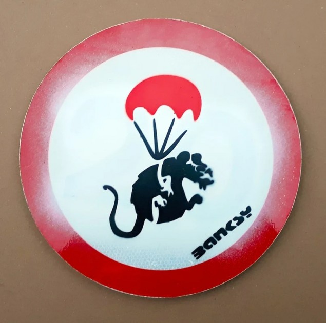 "Parachute Rat" Metal Traffic Road Sign by Banksy (Attributed)