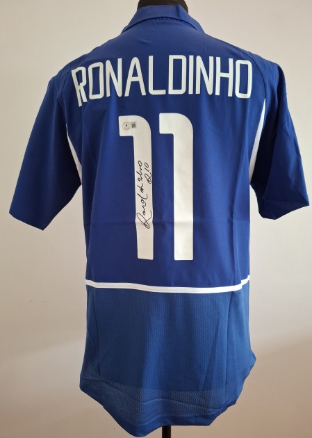 Replica della maglia da trasferta firmata di Ronaldinho per i Mondiali di calcio 2002