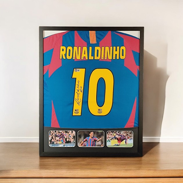 Maglia Ronaldinho FC Barcelona in cornice deluxe di alta qualità - Autografata