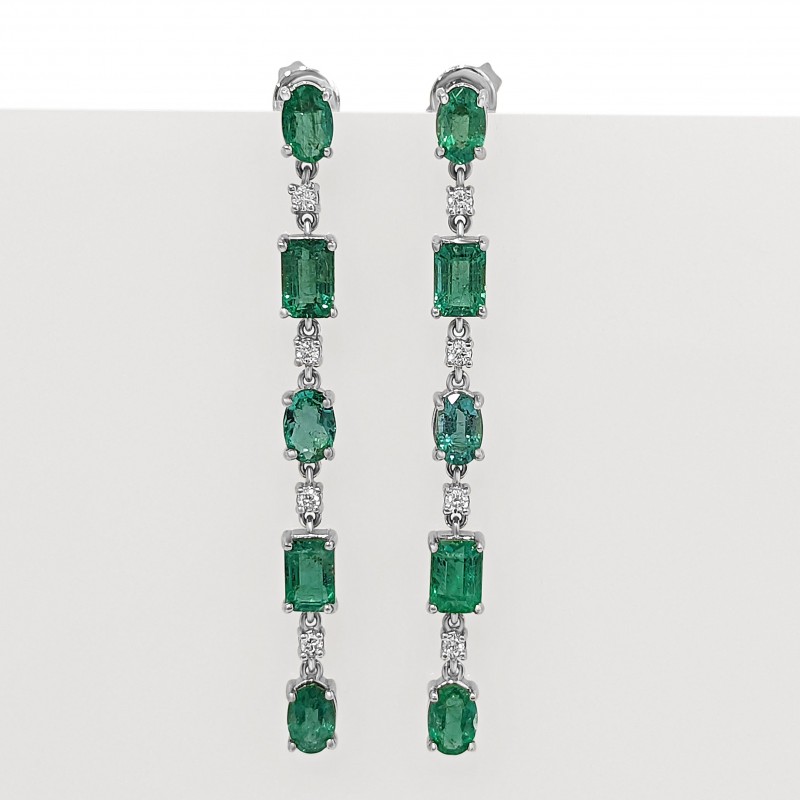 4.80 Carat Long Emerald and 0.20 Ct Diamond 14K White Gold Earrings