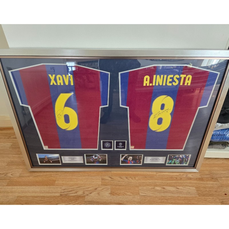 Xavi and Andrés Iniesta Signed and Framed FC Barcelona 2007-08 Retro Shirts