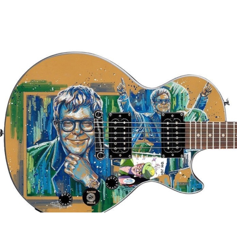 Elton John Signed Pickguard on a Custom Epiphone Les Paul Guitar