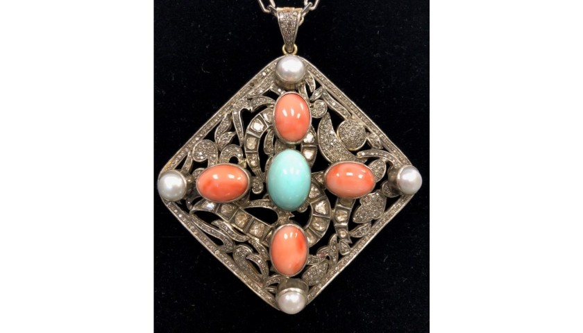 Joan Boyce Silver Pendant with Coral, Pearl and Turquoise