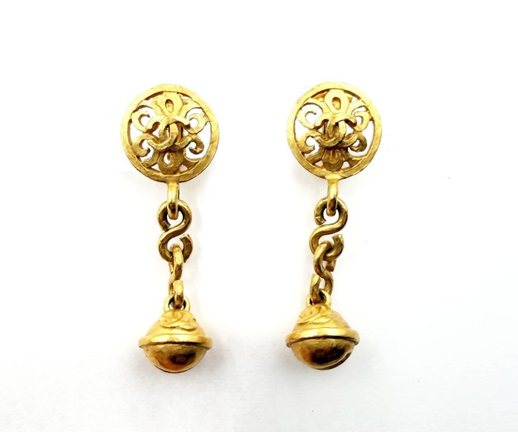 Chanel Vintage Gold Plated Round Bell Dangle Clip on Earrings