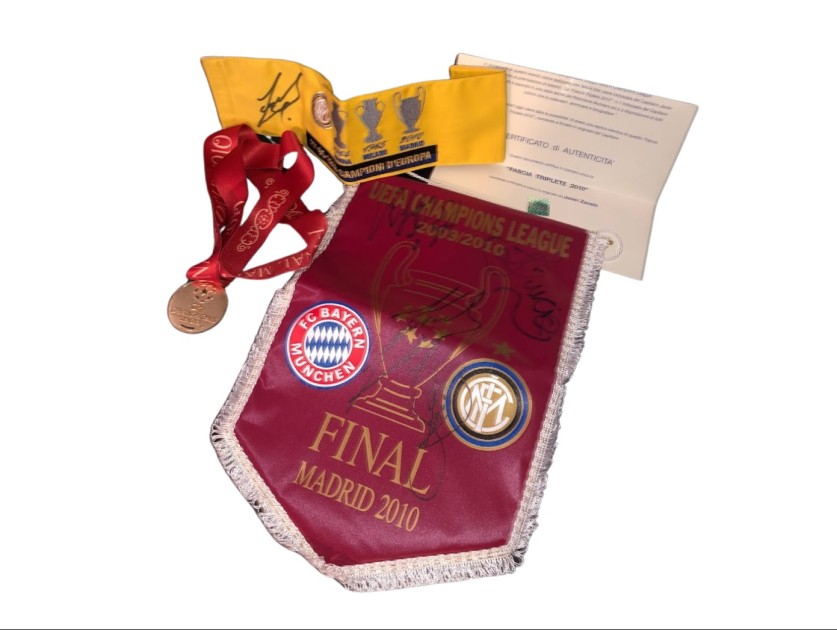 Inter Milan Signed Pennant + UCL Replica Medal + "Triplete" Armband signed by Javier Zanetti