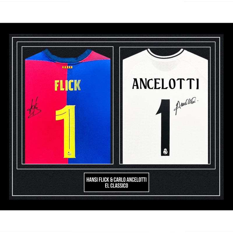 Hansi Flick and Carlo Ancelotti Signed and Framed Duo Shirts