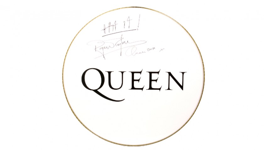 Queen Drum Head and Drumsticks Signed by Roger Taylor