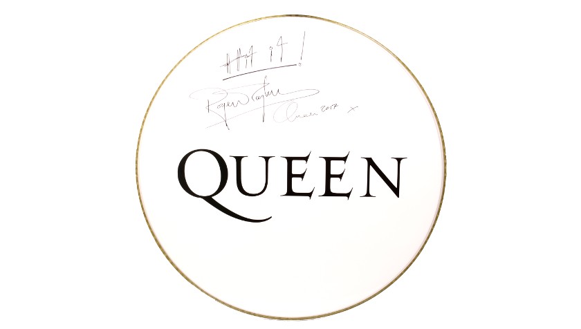 Queen Drum Head and Drumsticks Signed by Roger Taylor