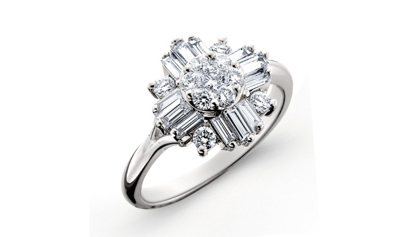 14KT White Gold Baguette and Round Brilliant Diamond Ring