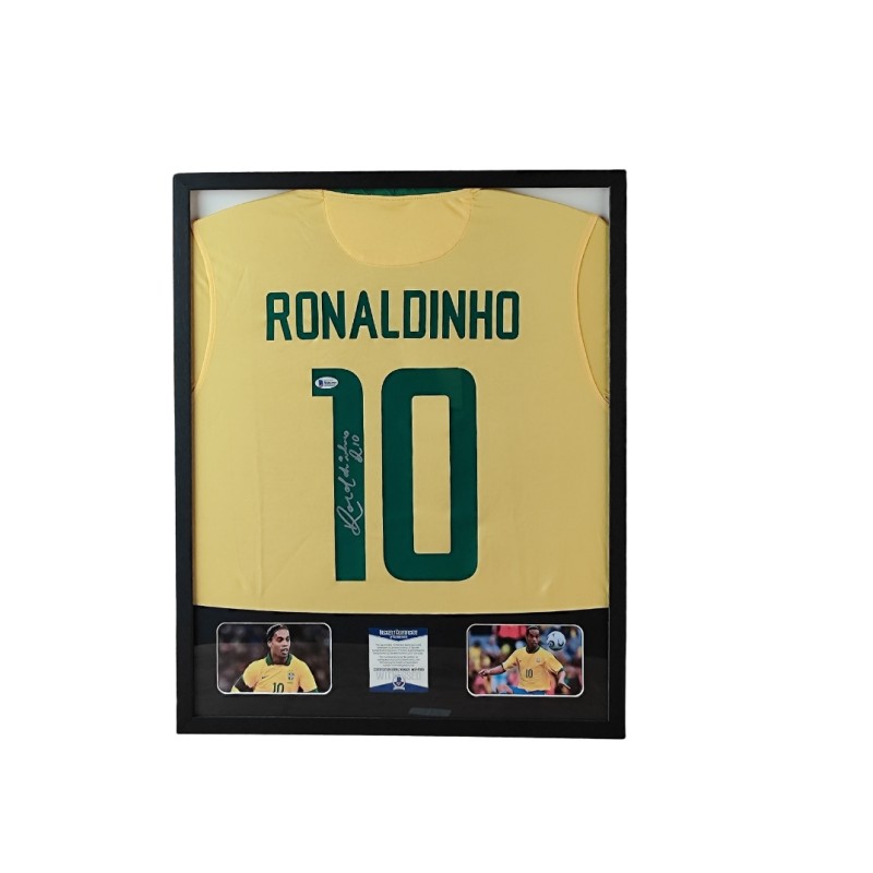 Ronaldinho's Brazil Signed Shirt in a Deluxe High-Quality Frame