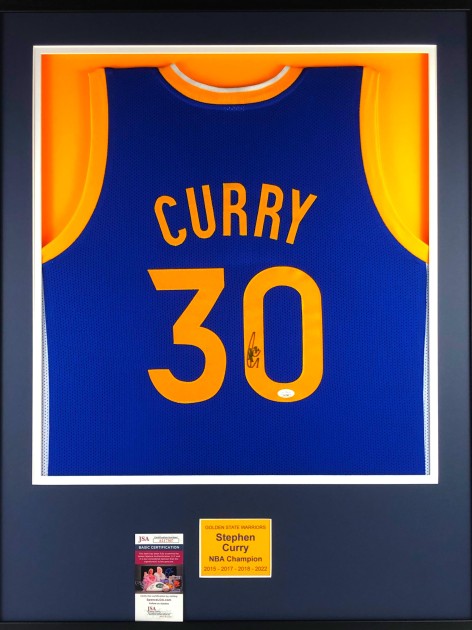 Maglia firmata e incorniciata di Steph Curry dei Golden State Warriors