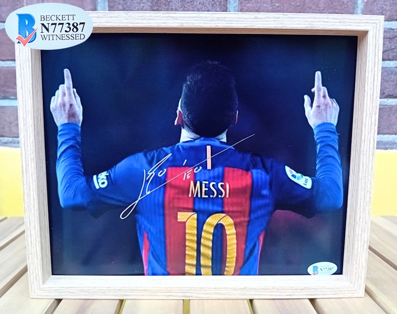 Immagine firmata e incorniciata di Messi dell'FC Barcelona