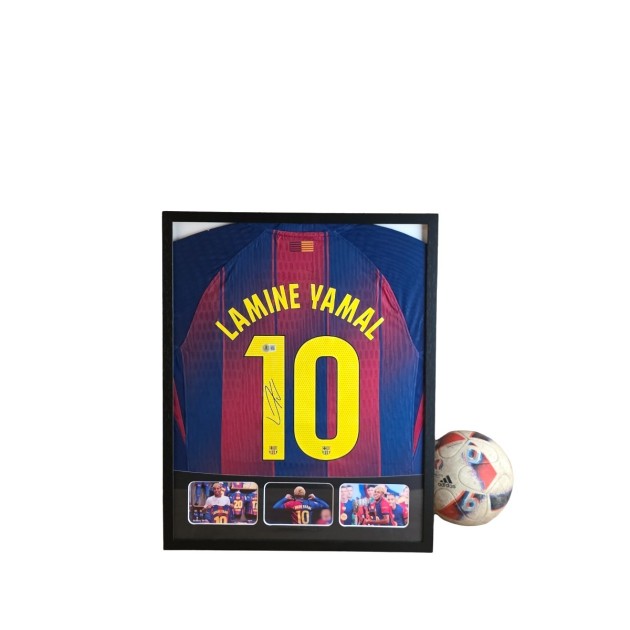 Maglia Barcellona Yamal in cornice deluxe di alta qualità - Autografata