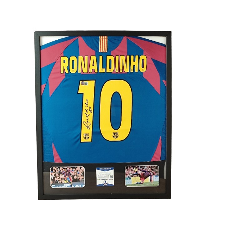 Ronaldinho's FC Barcelona Signed Shirt in a Deluxe High-Quality Frame