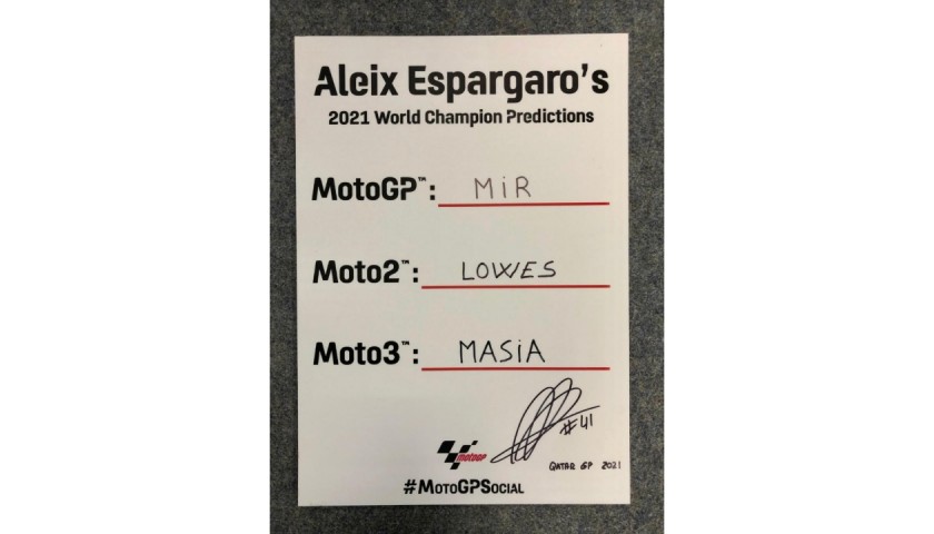 Signed '2021 Championship Winner Predictions' board signed by Aleix Espargaro