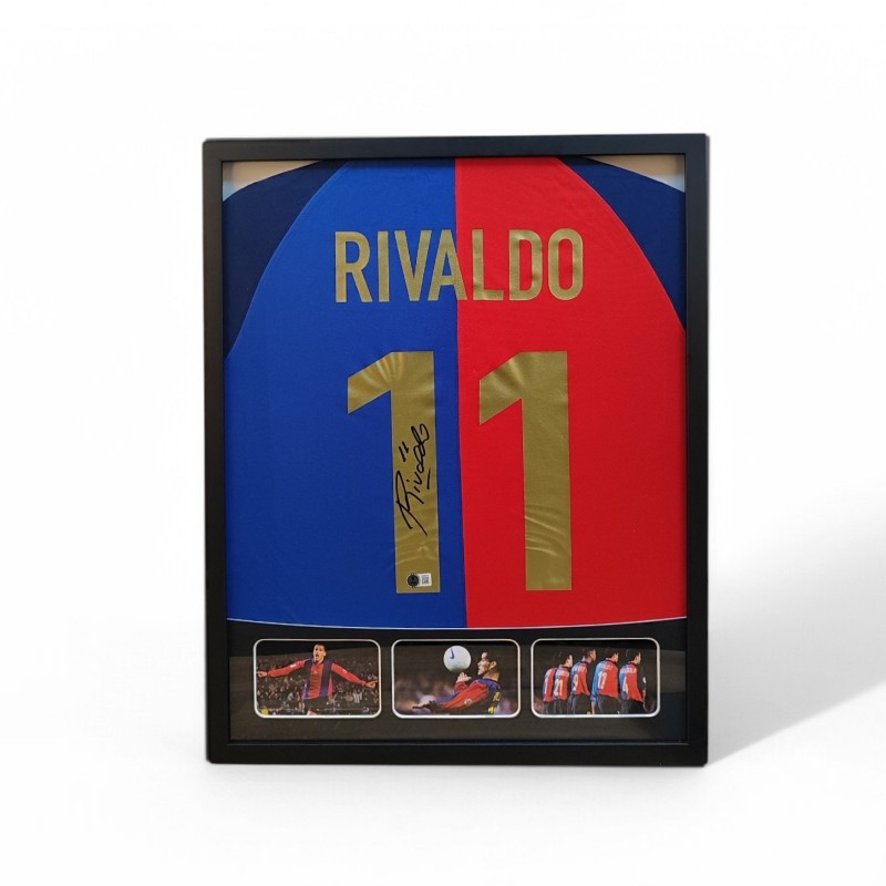 Maglia Barcellona Rivaldo in cornice deluxe di alta qualità - Autografata