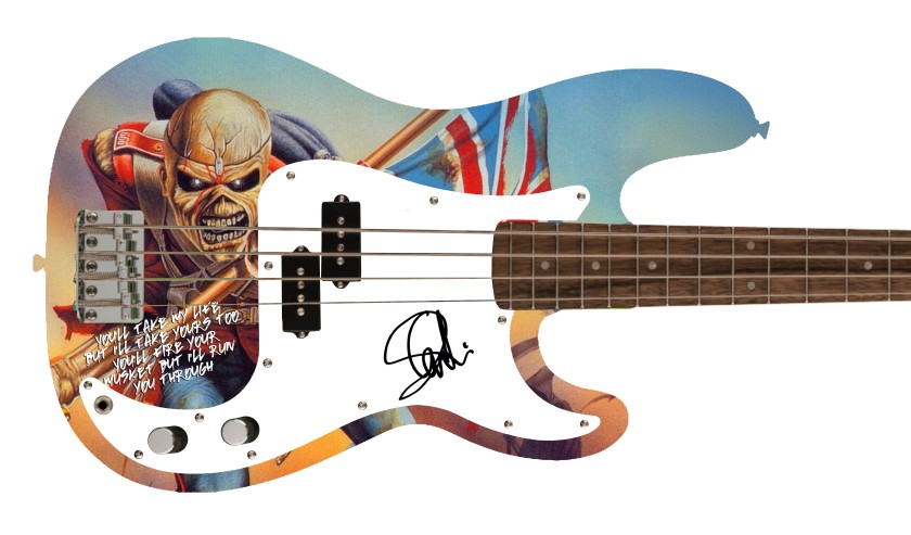 Steve Harris of Iron Maiden Signed Pickguard on a Custom Fender Bass Guitar