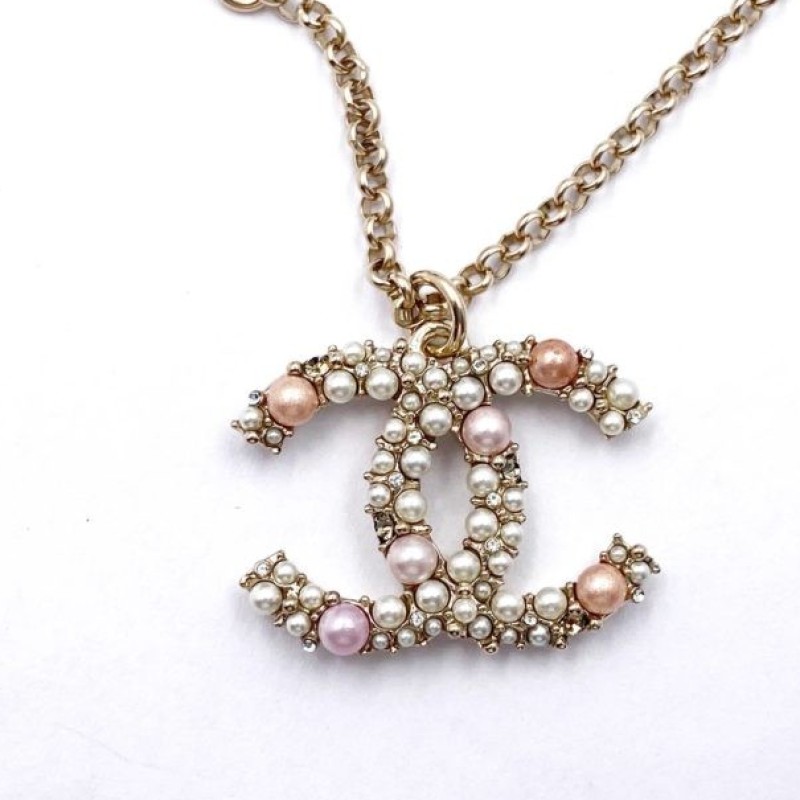 Chanel Gold CC Pink Pearl Necklace