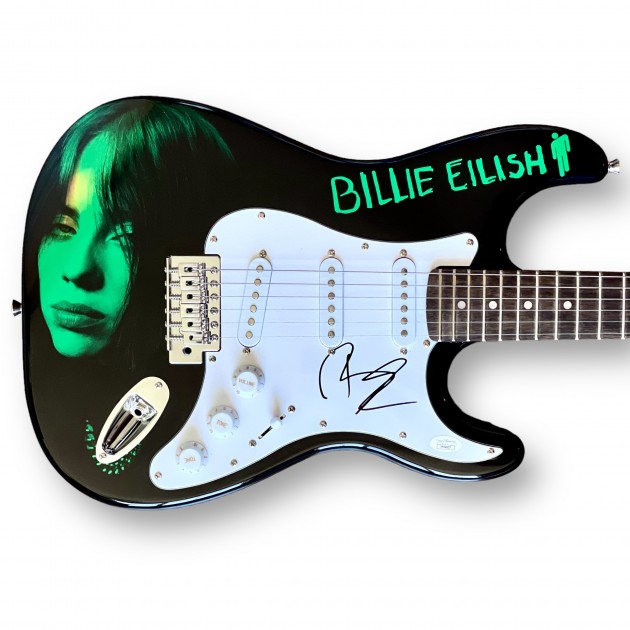 Chitarra elettrica con grafica personalizzata autografata da Billie Eilish 