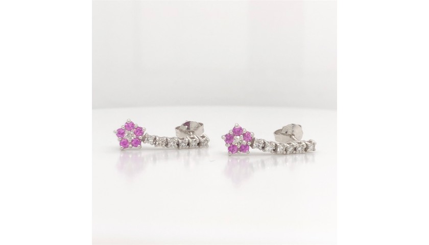14KT White Gold Diamond and Pink Sapphire Dangle Earrings