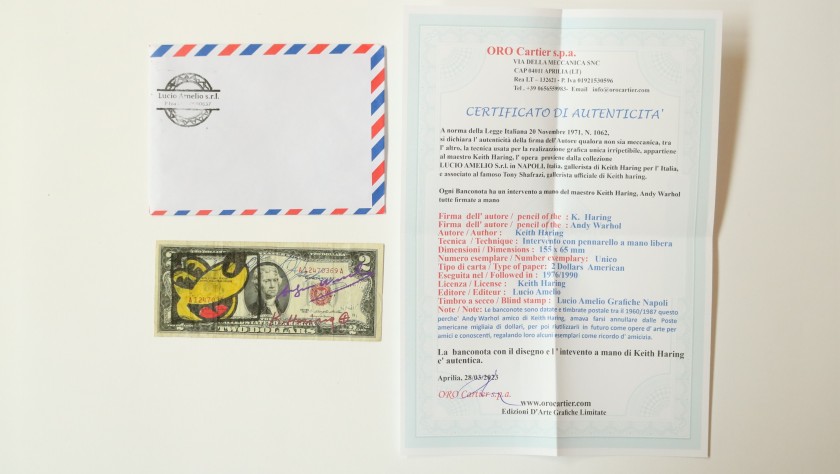 Two-Dollar Bill Hand Signed by Keith Haring and Andy Warhol