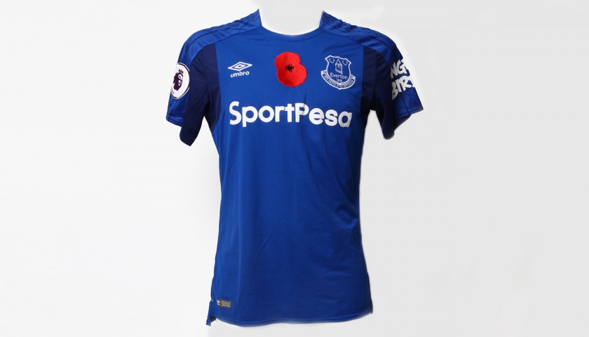 Worn Poppy Home Game Shirt Signed by Everton FC's Jonjoe Kenny