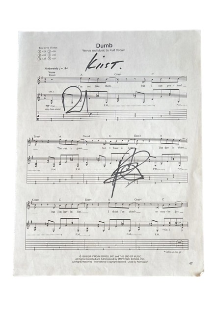 Nirvana Signed 'Dumb' Sheet Music