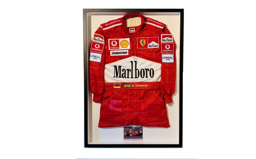 Michael Schumacher 2002 Ferrari Replica Race Suit with Signed Card and Frame