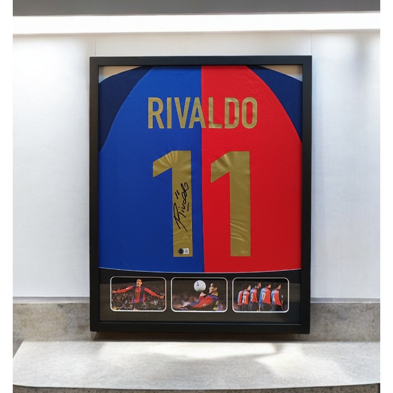 Maglia Barcellona Rivaldo in cornice deluxe di alta qualità - Autografata