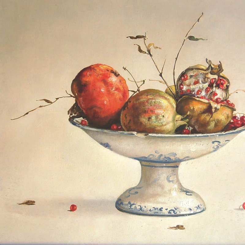 Claudio Bonichi "Alzata con melograni" olio su tavola - 30x40 cm