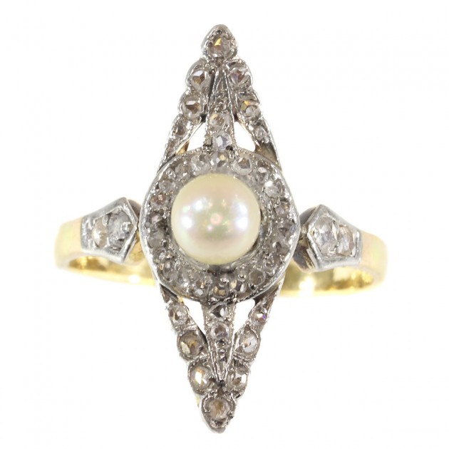 19th Century Rose Cut Diamonds Ring with Pearl
