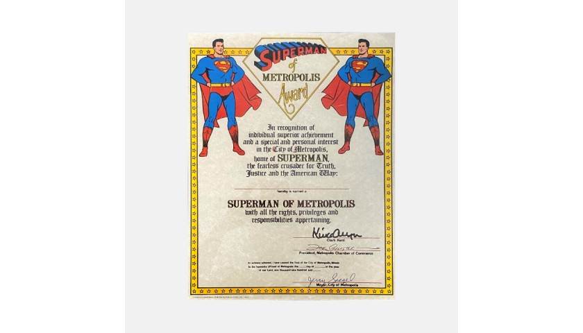Superman: Superman of Metropolis Award Signed By Jerry Siegel, Joe Shuster and Kirk Alyn