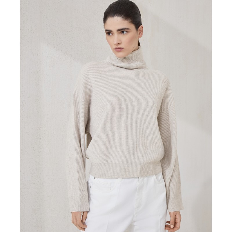 Brunello Cucinelli - English Rib Turtleneck Sweater in Virgin Wool, Cashmere, and Silk, Size M
