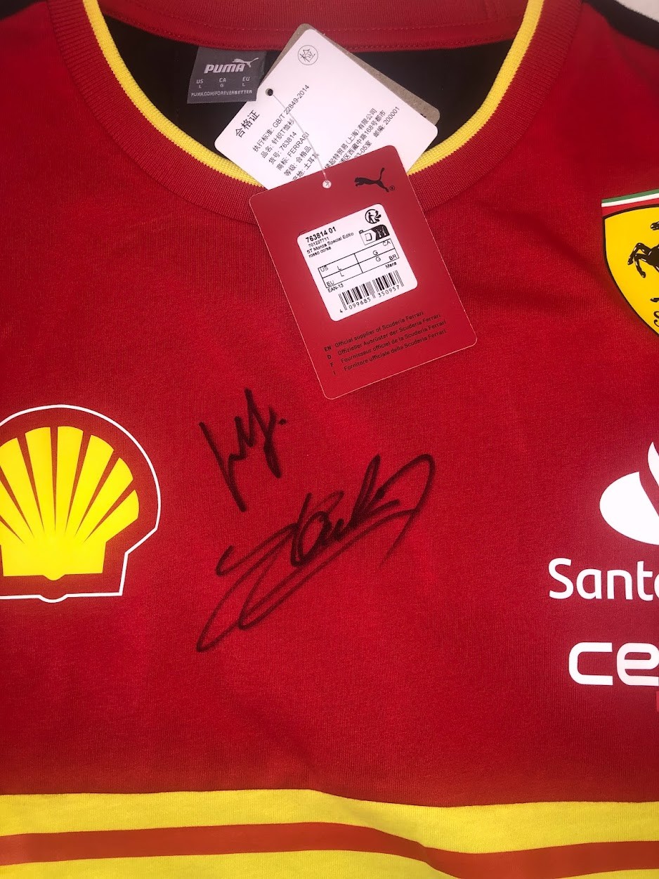 Scuderia Ferrari Official T-Shirt, Monza 2023 - Signed by Carlos Sainz and  Charles Leclerc - CharityStars