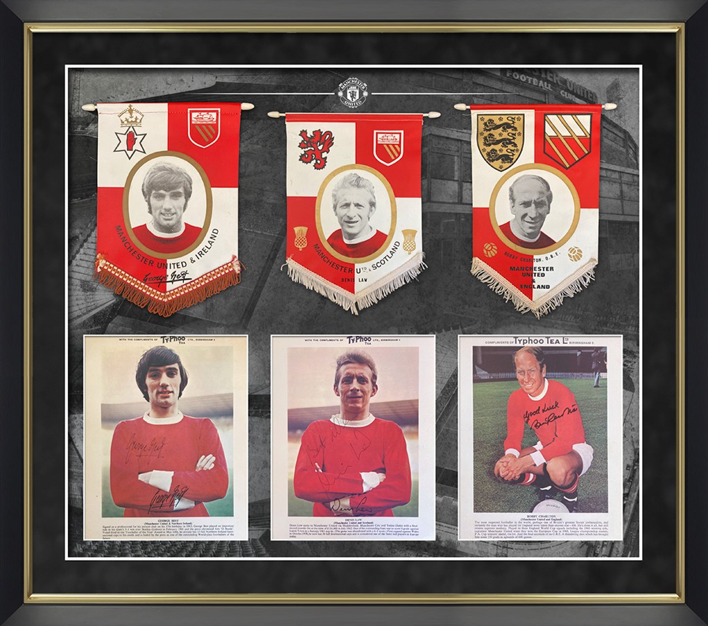 George Best, Denis Law and Bobby Charlton Signed and Framed Display ...