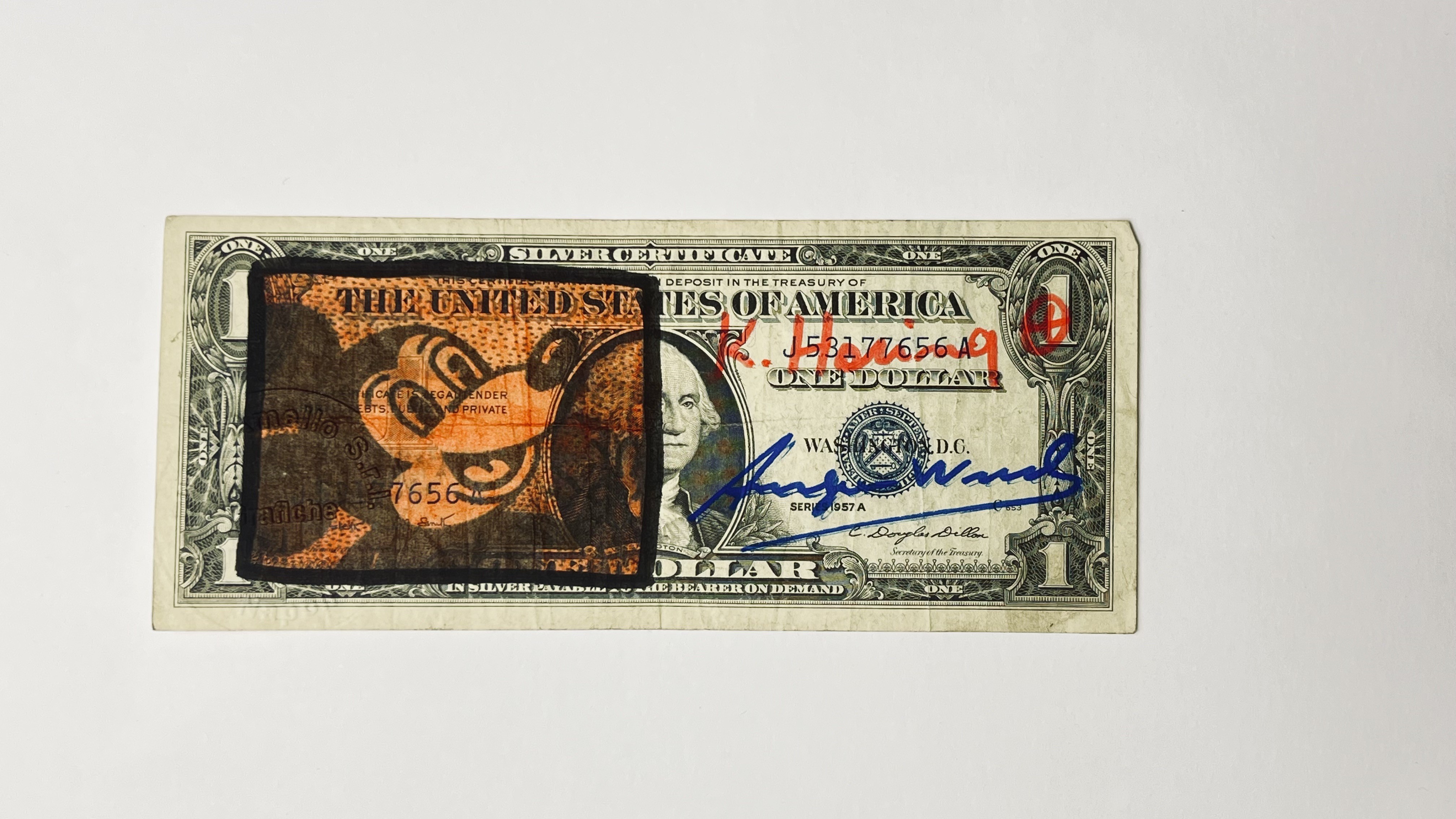 One dollar signed and hand-drawn by Keith Haring and Andy Warhol ...