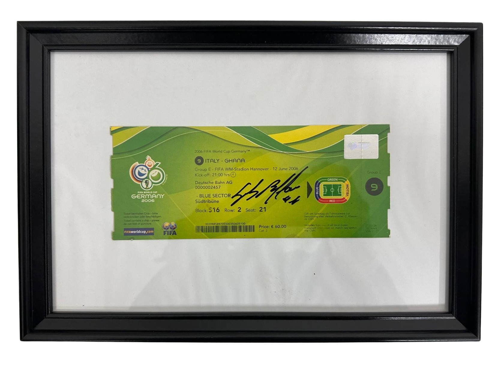 Italy vs Ghana Ticket, WC 2006 - Framed and Signed by Buffon